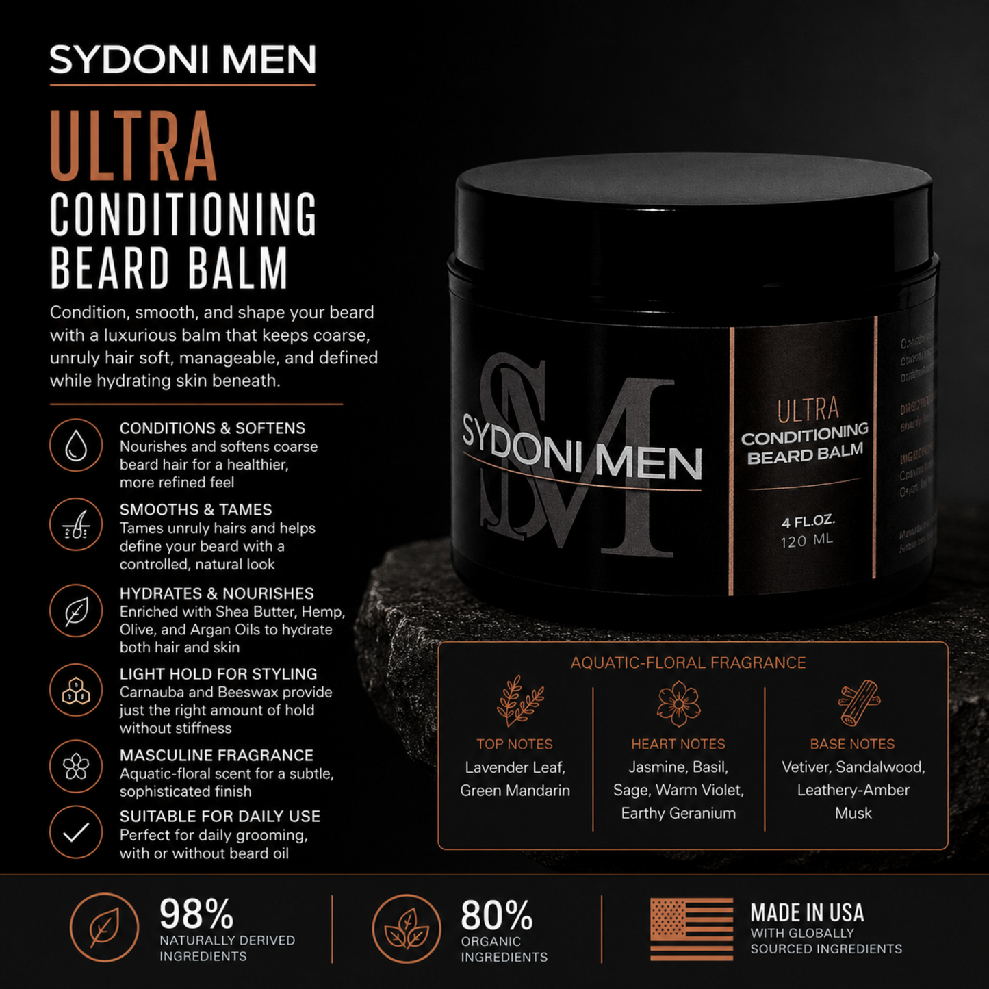 SYDONI MEN ULTRA CONDITIONING BEARD BALM | Soften, Hydrate & Tame120ml 4 fl. oz.