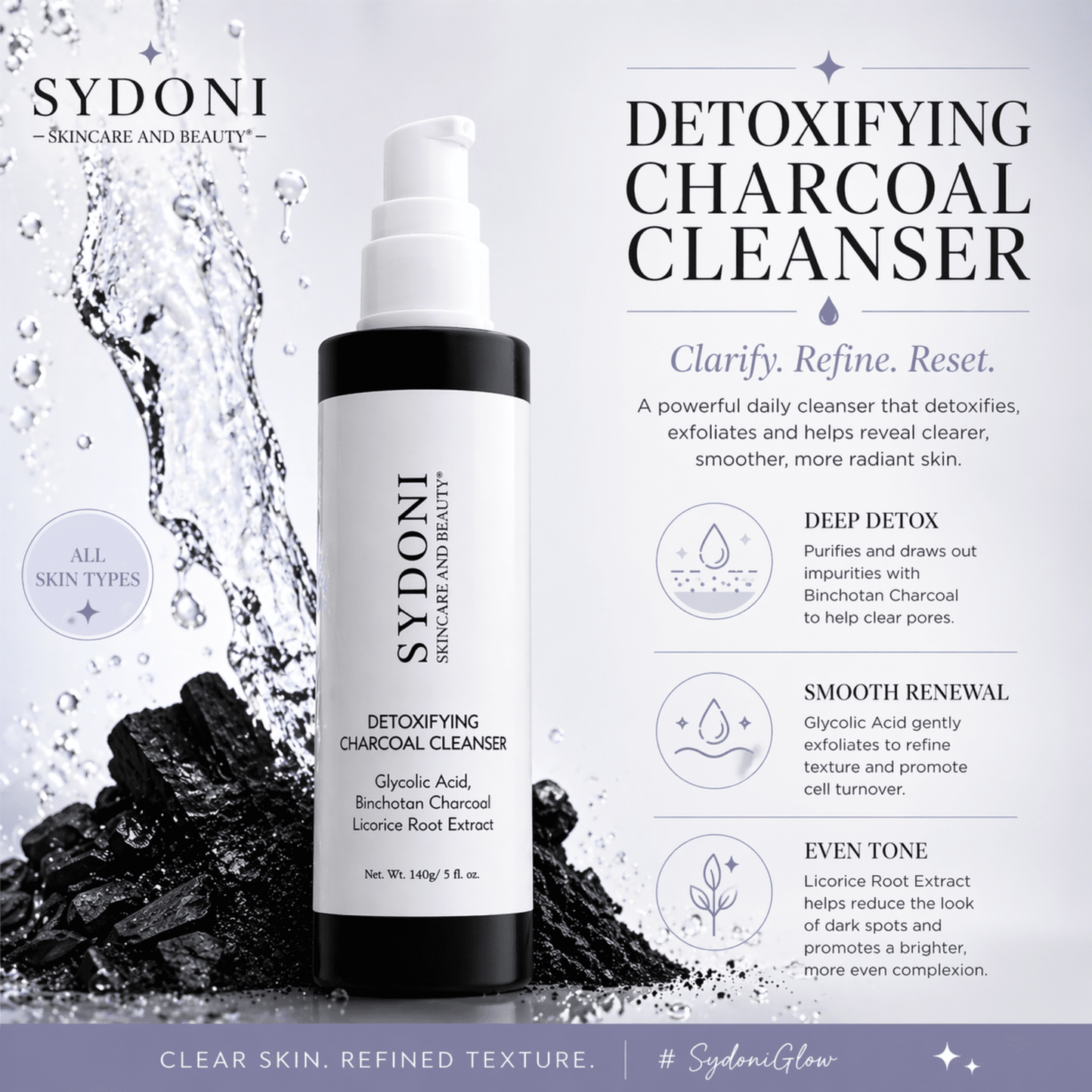 SYDONI DETOXIFYING CHARCOAL CLEANSER | Purify & Refresh Skin140g/ 5 fl. oz.